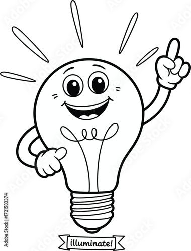 Smiling light bulb cartoon character with a great idea, pointing up, black and white outline for coloring, isolated on white, smart concept
