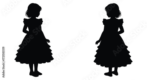 Two young girls in dresses silhouetted against a plain white background
