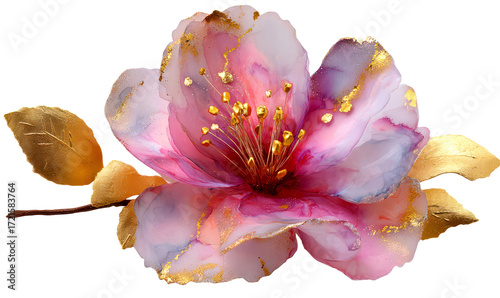Elegant Alcohol Ink Pink Flower with Gold Accents for Decoration Isolate on Transparent Background, cutout, png