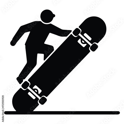 Silhouette of skateboarder riding a skateboard in black and white