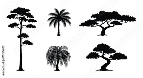 Silhouettes of diverse tree species against a plain white background