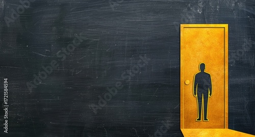 A dark, textured background features a golden door with a cutout silhouette of a person, suggesting an entrance or opportunity