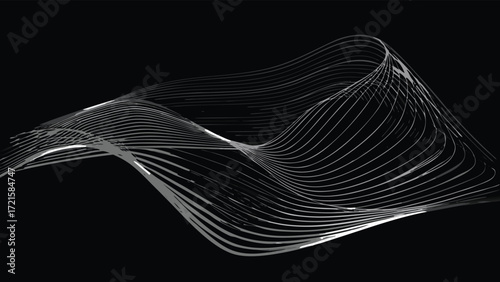 Abstract 3D Wavy Lines Forming a Dynamic Surface on Black Background Keywords: abstract, 3D, wavy, lines, surface, dynamic, flowing, motion, technology, science, data, network, futuristic