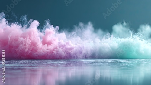 Abstract Background with Pink and Teal Fog Smoke Texture on Reflective Surface