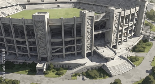 Architectural illustration of a large concrete stadium with tiered seating and lush green field