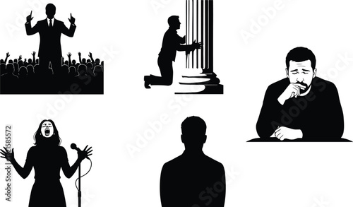 Black and white silhouette illustration, emotional people, singer, speaker, prayer man, thinking person, audience crowd, dramatic concept, vector art, design