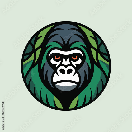World Gorilla Day vector with strong adult gorilla, jungle foliage, and conservation symbols. Solid color design for endangered species awareness, nature protection, and eco-friendly projects.