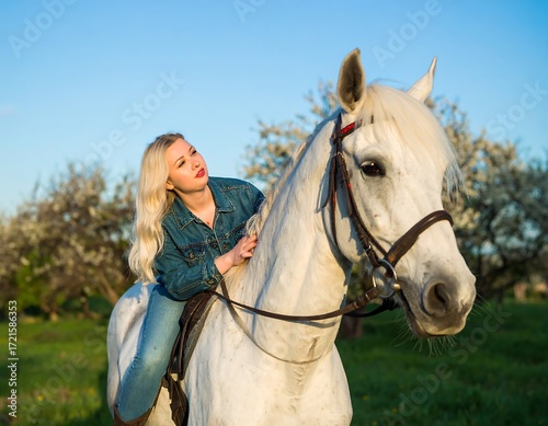 Woman riding white horse in orchard