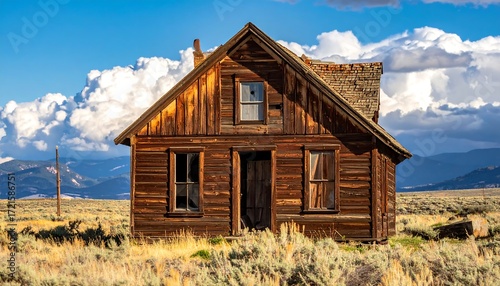 An abandoned wooden house stands sentinel amidst a vast, sun-drenched landscape, overlooking a distant mountain range under a dramatic sky filled with billowing clouds.