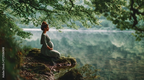 Beautiful pregnancy photoshoot ideas pregnant woman by lake nature maternity photography outdoor session