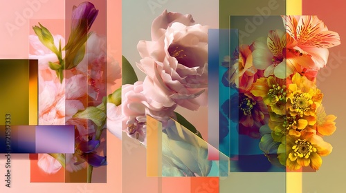 Avant-garde floral collage combining real flowers and geometric transparent panels with overlapping colors, creating a bold contemporary abstract composition for editorial design, fashion campaigns, a