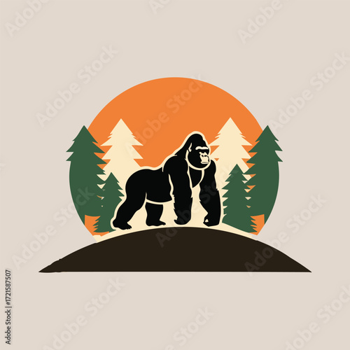 World Gorilla Day vector with strong adult gorilla, jungle foliage, and conservation symbols. Solid color design for endangered species awareness, nature protection, and eco-friendly projects.