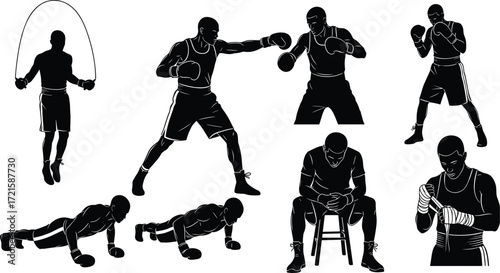 Boxer training silhouettes, boxing workout poses, jump rope, push ups, shadow boxing, fighter resting, hand wraps, sports fitness illustration