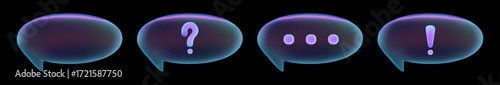 3D oval neon chat bubbles set with question mark, typing dots, exclamation mark and empty template isolated on dark background for futuristic communication design