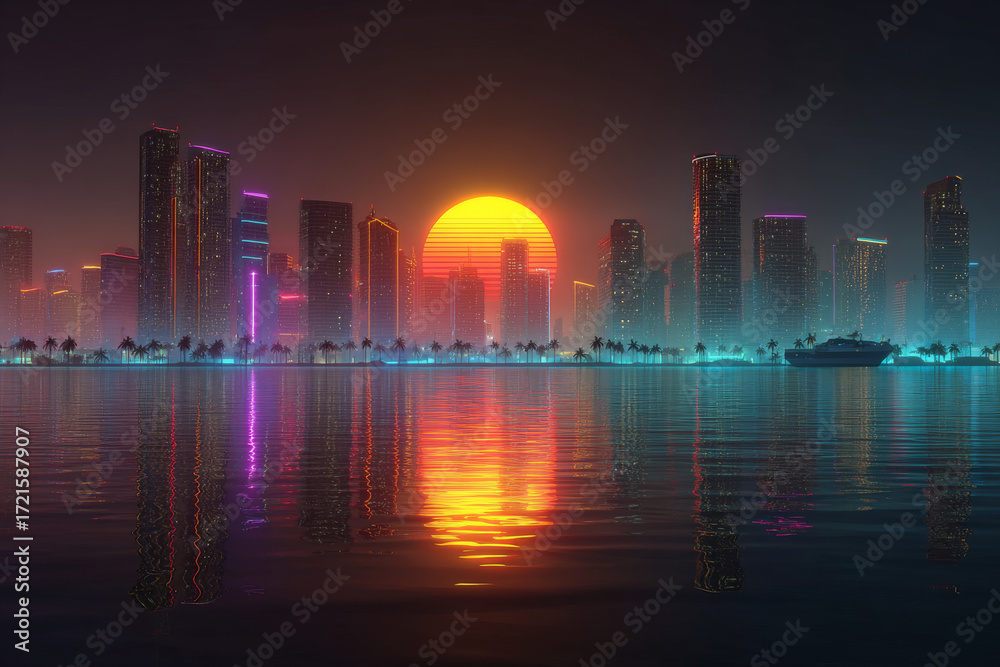 Fototapeta premium Retro futuristic neon city skyline with synthwave colors reflecting on water, featuring vibrant sunset