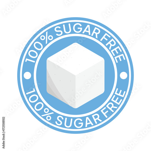 Zero percent blue circle sugar vector label design isolated on white. Minimalist design for food and drink packaging icon, sign, sticker, seal, stamp 100 percent sugar free