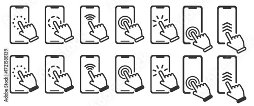Hand touch screen smartphone. Click on the smartphone. Electronic device art. Touch screen icons