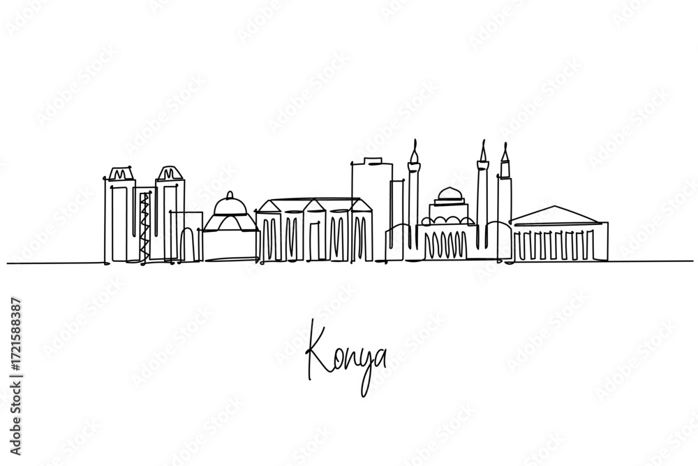 Fototapeta premium One line drawing of Konya skyline with mosques and cultural sites