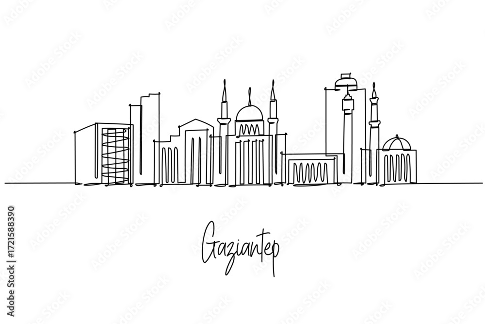 Fototapeta premium Continuous line drawing of Gaziantep skyline with mosque and towers
