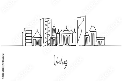 Continuous line drawing of Vaduz skyline with modern and historic