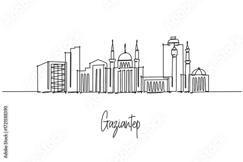 Continuous line drawing of Gaziantep skyline with mosque and towers