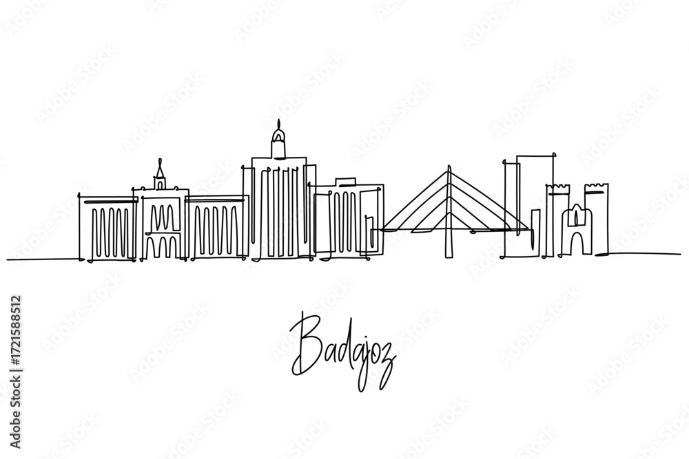 Fototapeta premium One line drawing of Badajoz skyline with bridge and fortress