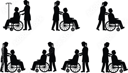 Caregiver pushing wheelchair patient, medical support, healthcare service, disability assistance, hospital care, rehabilitation therapy, elderly nursing, compassion, doctor help illustration