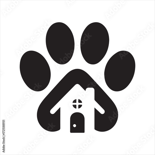 Dog Paw with House vector Silhouette line art logo design concept illustration