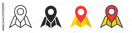 Location pin on map icon representing maps, navigation, travel, directions, GPS, and location services in four variations