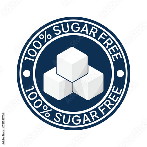 Zero percent blue circle sugar vector label design isolated on white. Minimalist design for food and drink packaging icon, sign, sticker, seal, stamp 100 percent sugar free