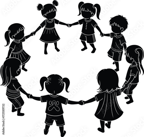 Children silhouettes holding hands in circle, kids teamwork, friendship, unity, play group, childhood activity, community, cooperation, happy childhood illustration