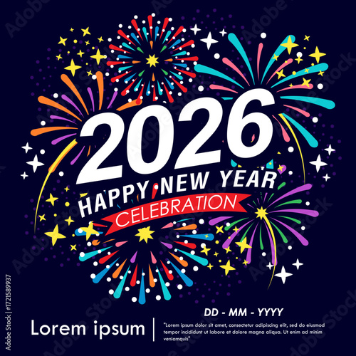 2026 Happy New Year celebration isolated with red ribbon, fireworks, sparklers. vector illustration template design for web, flyers, poster, invitation card or greeting card	