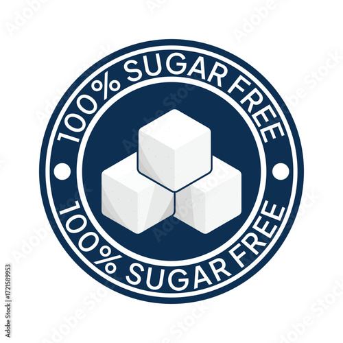 Zero percent blue circle sugar vector label design isolated on white. Minimalist design for food and drink packaging icon, sign, sticker, seal, stamp 100 percent sugar free