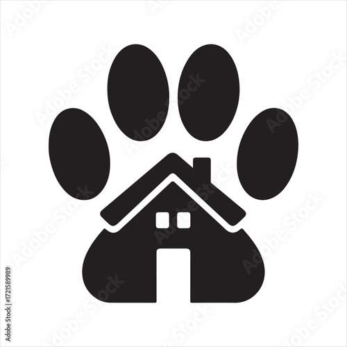 Dog Paw with House vector Silhouette line art logo design concept illustration