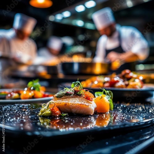 Masterfully seared gourmet fish entree adorned with premium ingredients vibrant, fresh garden herbs and premium ingredients juicy roasted tomatoes elegantly served on a dark reflective premium ingredi