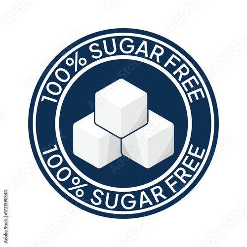 Zero percent blue circle sugar vector label design isolated on white. Minimalist design for food and drink packaging icon, sign, sticker, seal, stamp 100 percent sugar free