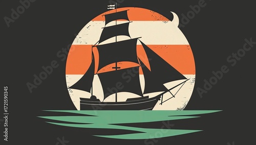A stylized black sailing ship is depicted on a teal sea before a large, striped orange and off-white moon, set against a dark background