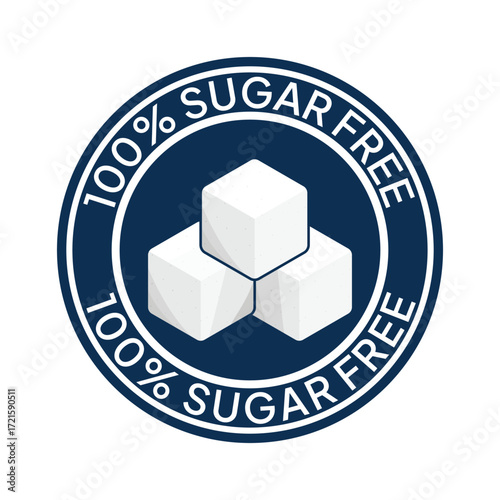 Zero percent blue circle sugar vector label design isolated on white. Minimalist design for food and drink packaging icon, sign, sticker, seal, stamp 100 percent sugar free