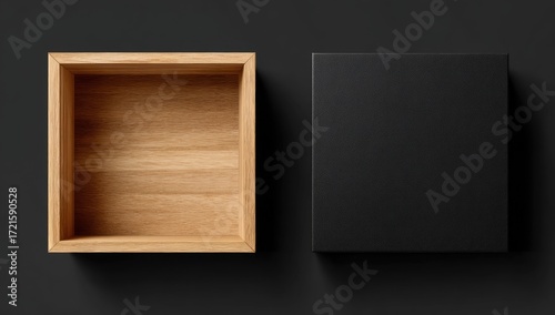 Open wooden box and black cardboard box