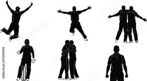 Cricket players silhouettes celebrating victory, sports teamwork, athletes cheering, cricketers hugging, game success, match winning moment, celebration poses, vector illustration