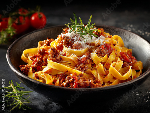 Delicious fettuccine pasta with meat sauce served in a stylish black bowl on a dark background