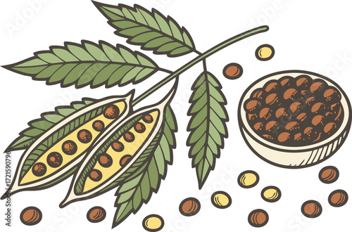 Scalable vector illustration of mixed color lentils and pods for food and agriculture graphics