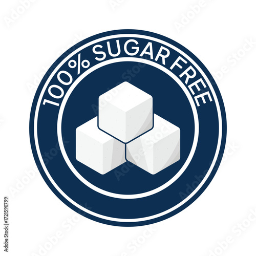 Zero percent blue circle sugar vector label design isolated on white. Minimalist design for food and drink packaging icon, sign, sticker, seal, stamp 100 percent sugar free