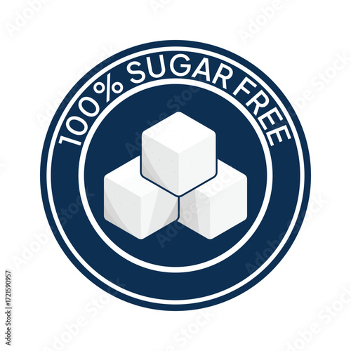 Zero percent blue circle sugar vector label design isolated on white. Minimalist design for food and drink packaging icon, sign, sticker, seal, stamp 100 percent sugar free
