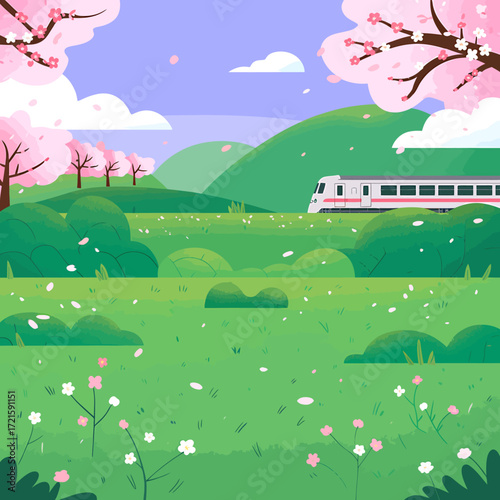Vibrant digital illustration of a colorful spring landscape with rolling hills and blooming flora