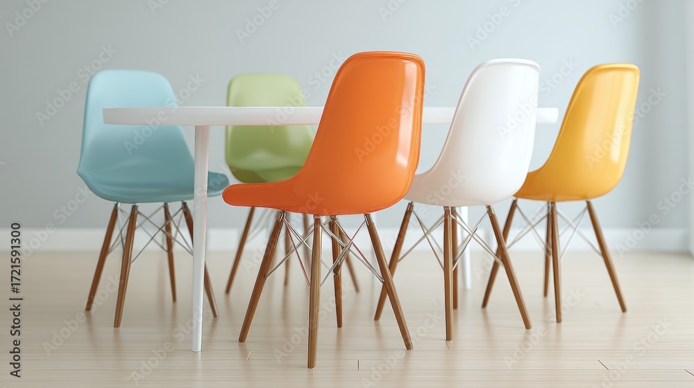 Fototapeta premium Bright and Modern Dining Space with Colorful Plastic Chairs Around a White Table on Light Wooden Floor Surrounded by Soft Natural Light