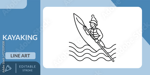 A simple vector line art icon of a person kayaking, perfect for designs related to outdoor sports, water activities, and adventure.