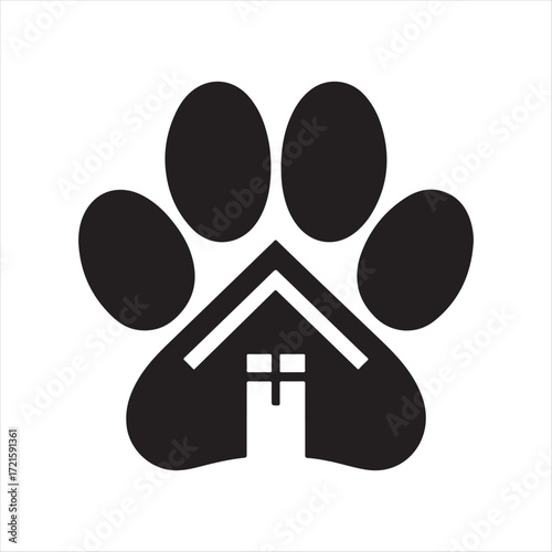 Dog Paw with House vector Silhouette line art logo design concept illustration