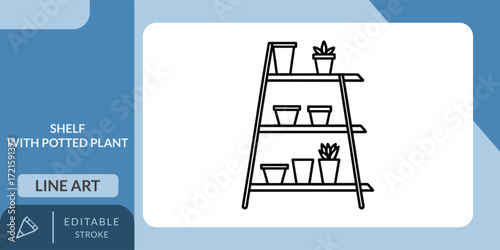 A simple vector line art icon of a modern ladder shelf with potted plants, ideal for home decor and indoor gardening designs.