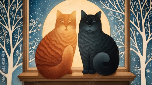 Dreamy Watercolor of Cats Under Moonlit Sky – Illustrated Cats in Moonlit Winter Scene with Snowy Trees  gentle feline moment in a cozy seasonal setting perfect for art prints or lifestyle products